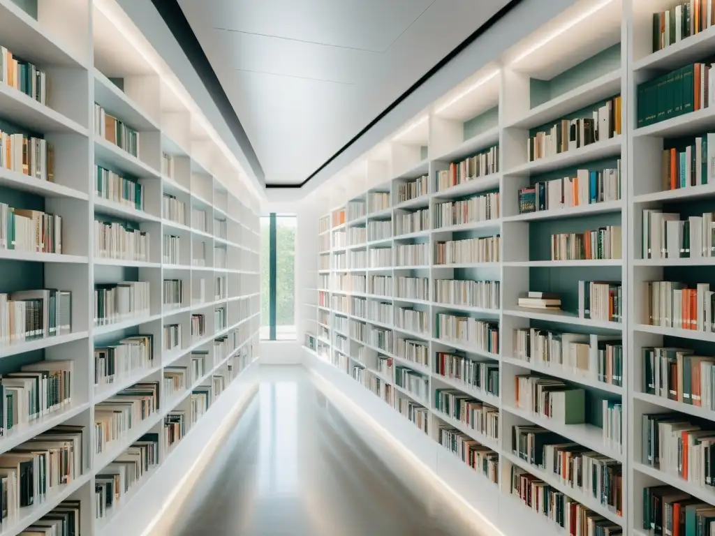 Una biblioteca moderna y minimalista con estantes blancos, iluminada por luz natural