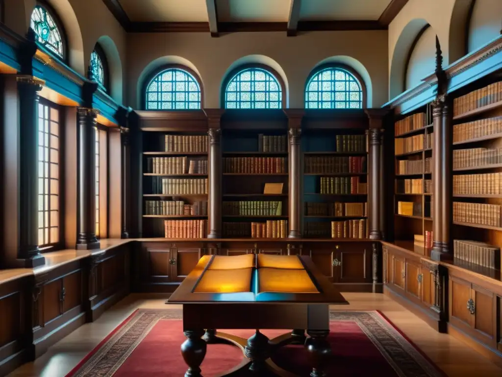 Una biblioteca renacentista con libros de cuero, mesa con pergamino y plumas, luz suave por ventanas de vidrio plomado