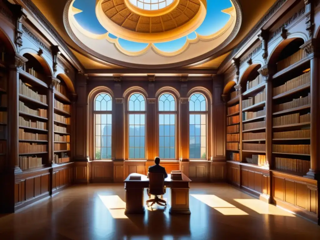 Una biblioteca renacentista con luz cálida iluminando libros encuadernados en cuero y una figura inmersa en la lectura