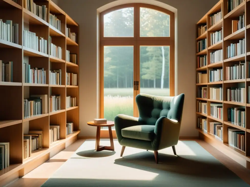 Una biblioteca serena con libros ordenados, luz natural y un rincón acogedor