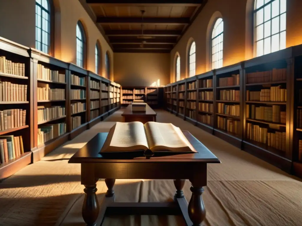 Una biblioteca tenue con libros antiguos encuadernados en cuero y luz cálida filtrándose por las altas ventanas