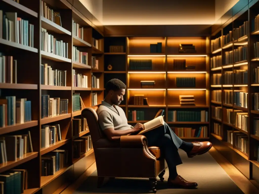 En una biblioteca tenue, repleta de libros, una persona lee absorta mientras reina la quietud