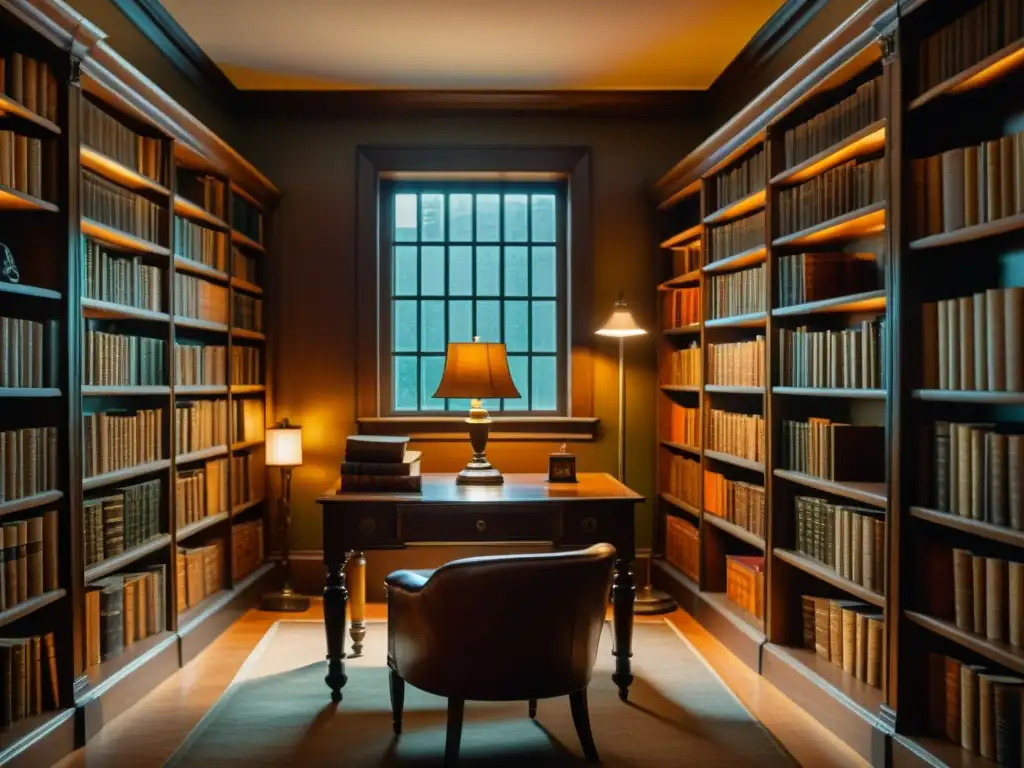 Una biblioteca vintage con libros de cuero en estantes de madera, iluminada por una lámpara de escritorio