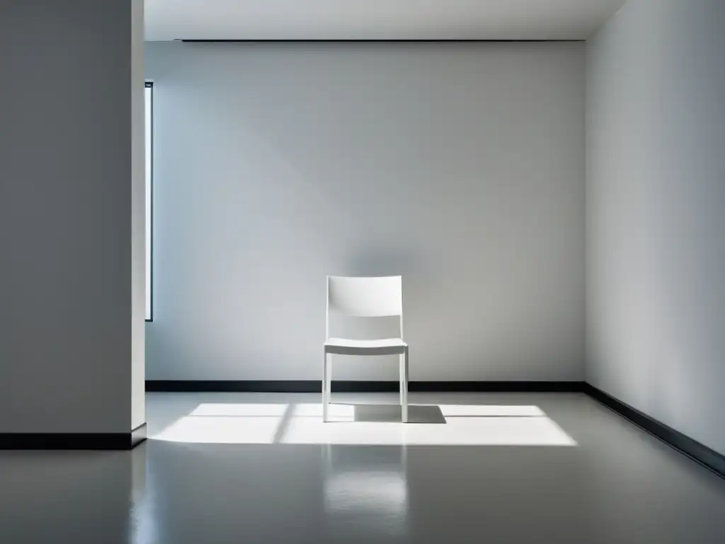 Una habitación blanca con una silla minimalista en el centro, bañada por la luz natural