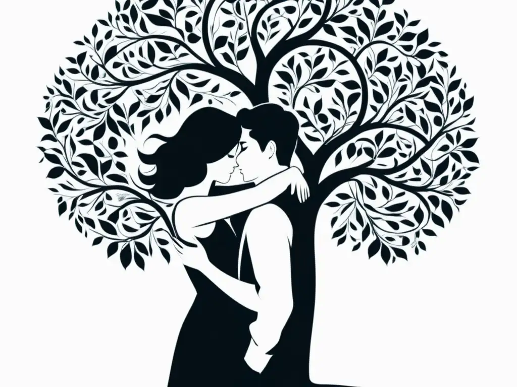 Ilustración en blanco y negro de dos amantes abrazados bajo un árbol, evocando el mito del amor eterno en 'El amor en los tiempos del cólera'