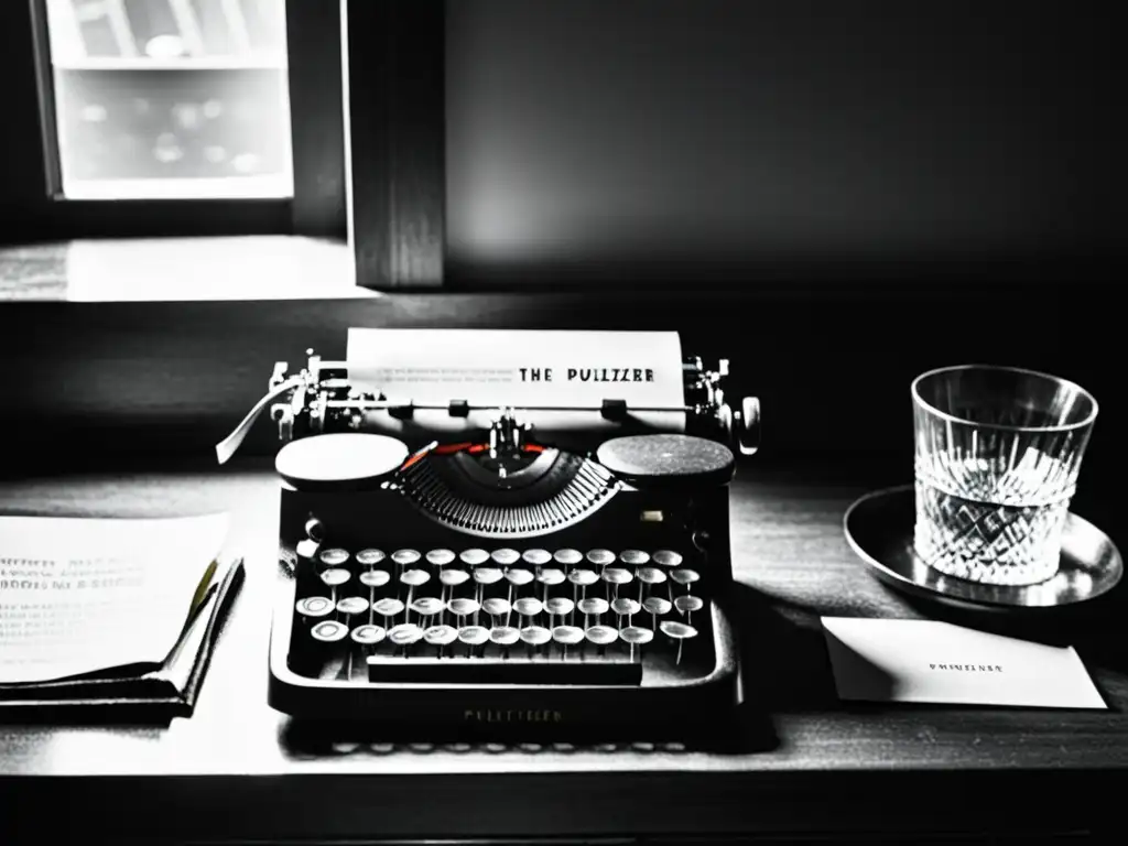 Una fotografía en blanco y negro muestra una antigua máquina de escribir en un escritorio desordenado, con la medalla del Premio Pulitzer al lado