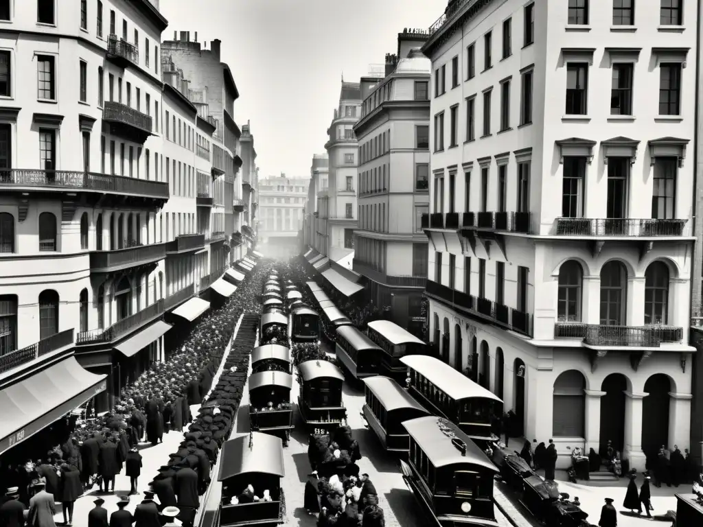 Ilustración en blanco y negro de una bulliciosa calle del siglo XIX, reflejando la desigualdad social y el realismo social literario de Victor Hugo