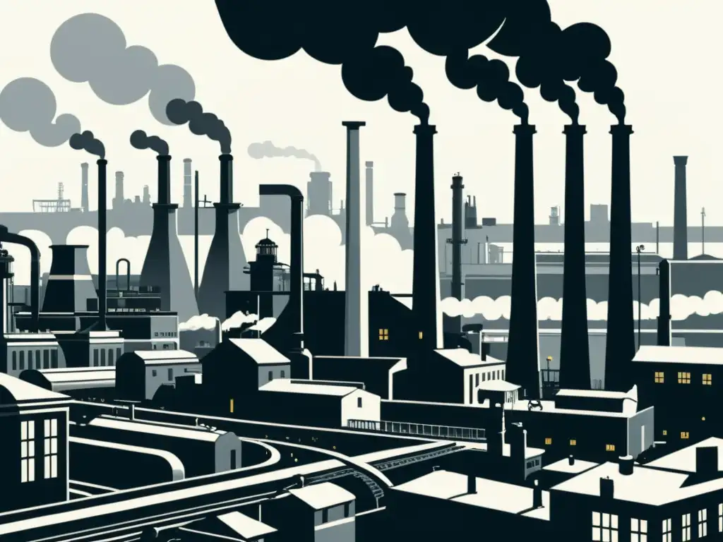 Ilustración en blanco y negro de una bulliciosa ciudad industrial del siglo XIX, con fábricas, trabajadores y maquinaria, evocando el cambio industrial y la literatura de la época