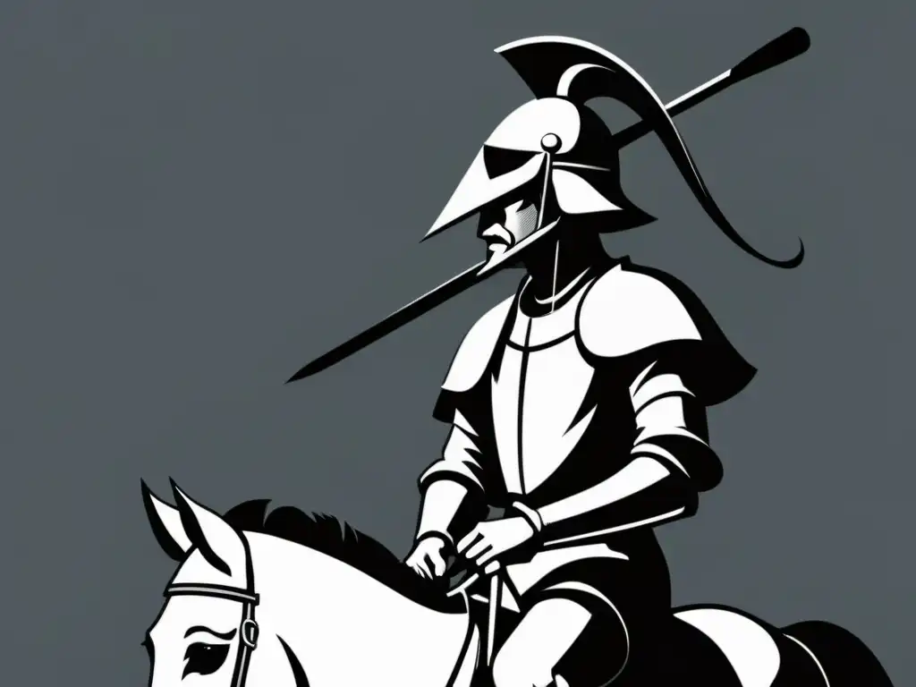 Ilustración en blanco y negro de Don Quijote en su caballo, reflejando la locura ingeniosa en el Quijote con determinación y reflexión