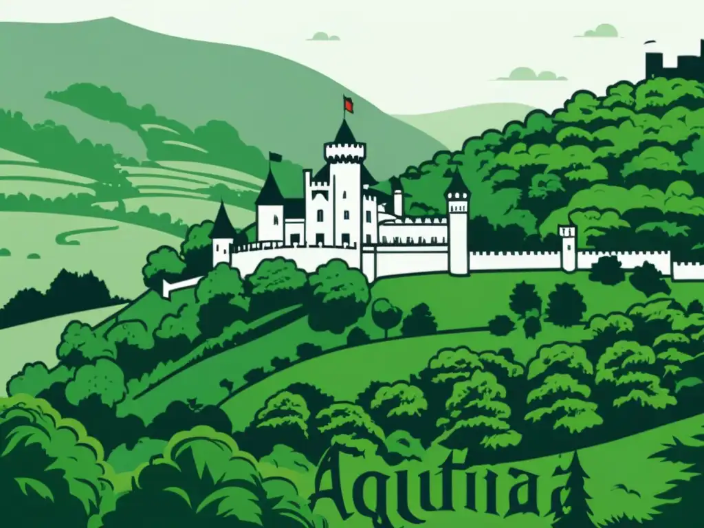 Una ilustración en blanco y negro de un castillo medieval en las colinas, con el título 'Aquitania' en elegante caligrafía