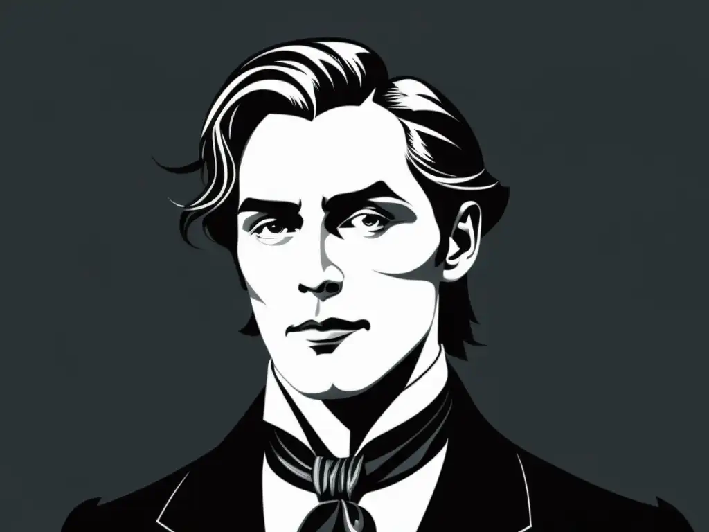 Una ilustración en blanco y negro detallada de Dorian Gray muestra su expresión atormentada, capturando la obsesión por la juventud eterna