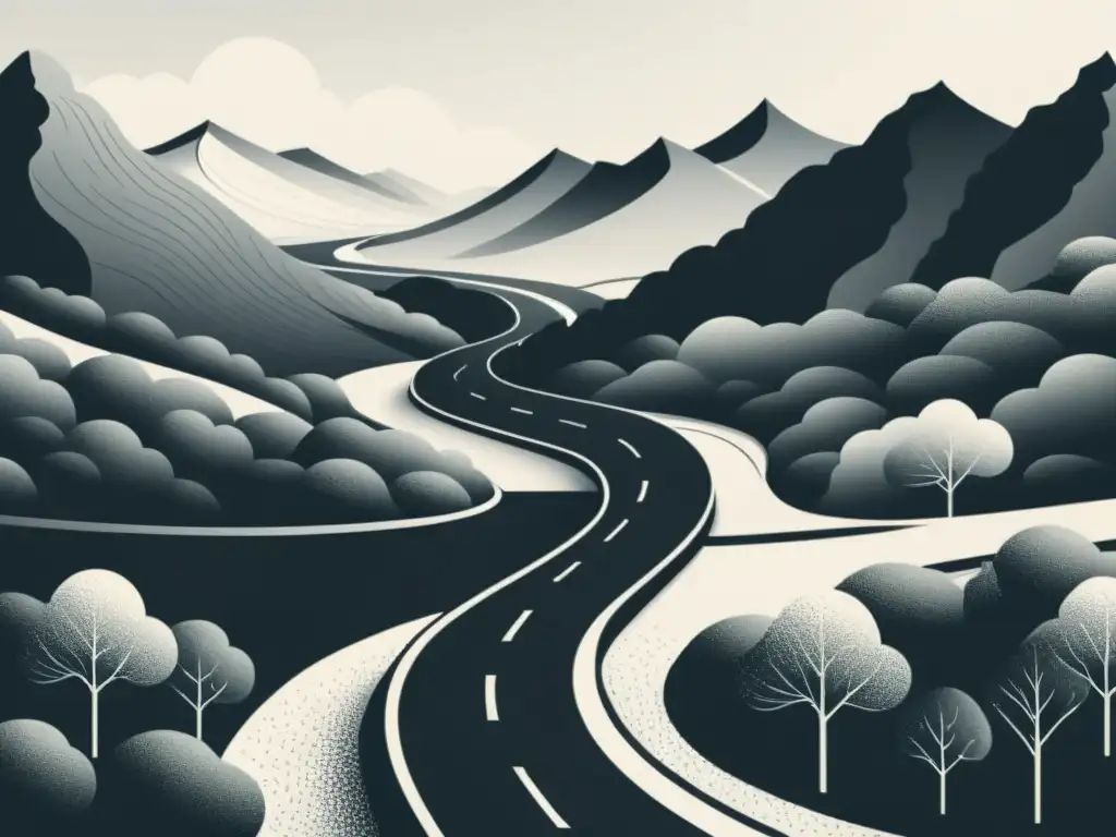 Un ilustración en blanco y negro detallada sobre una persona en una encrucijada, reflejando una técnica narrativa cambio de perspectiva