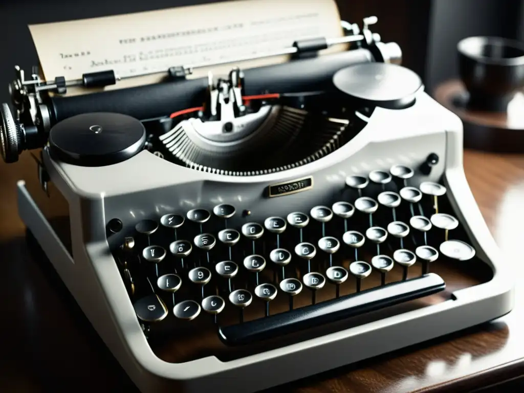 Una fotografía en blanco y negro de una elegante máquina de escribir vintage sobre un escritorio moderno