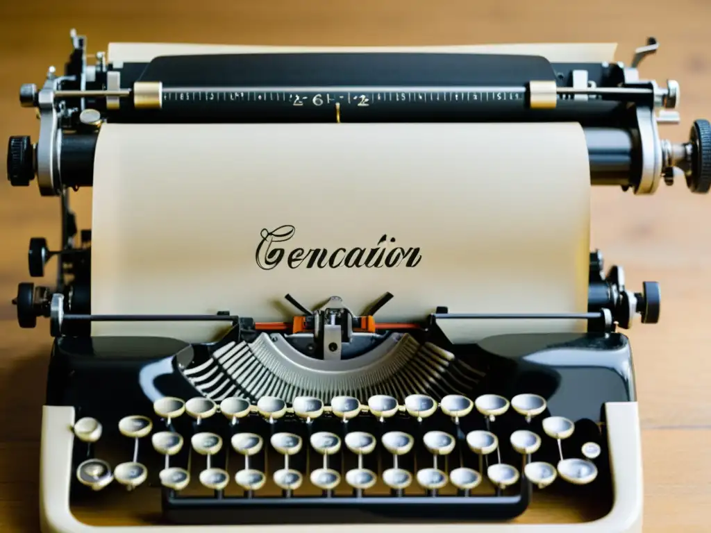 Una fotografía en blanco y negro de una elegante máquina de escribir vintage con grabados florales, iluminada suavemente