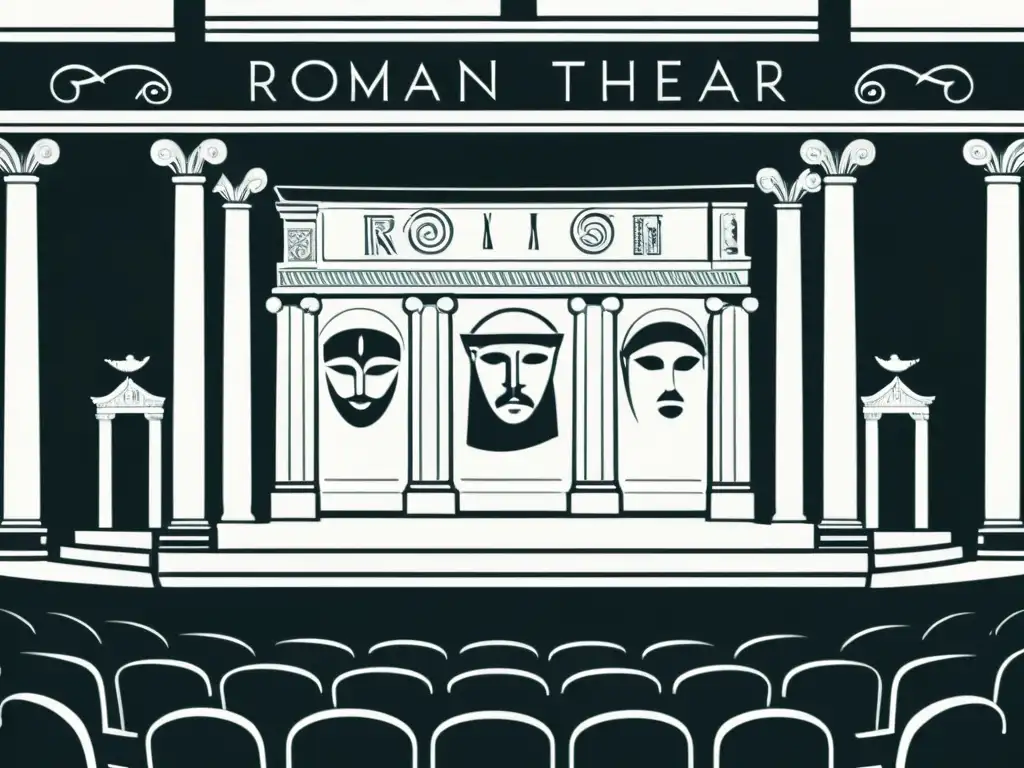 Una ilustración en blanco y negro de un escenario teatral romano con máscaras cómicas y símbolos religiosos, rodeado de elegantes columnas romanas