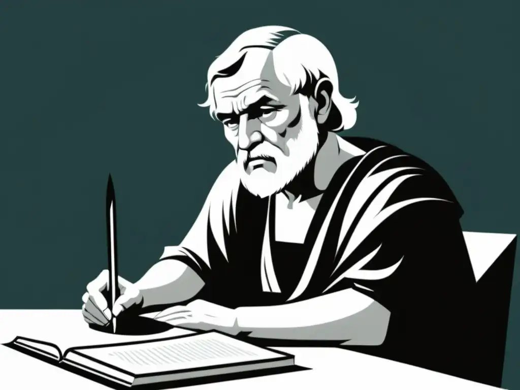 Ilustración en blanco y negro de Seneca reflexionando en su escritorio con una pluma