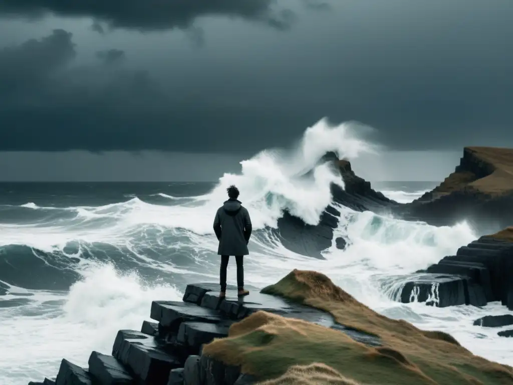 Ilustración en blanco y negro de una figura solitaria en un acantilado frente al mar tormentoso