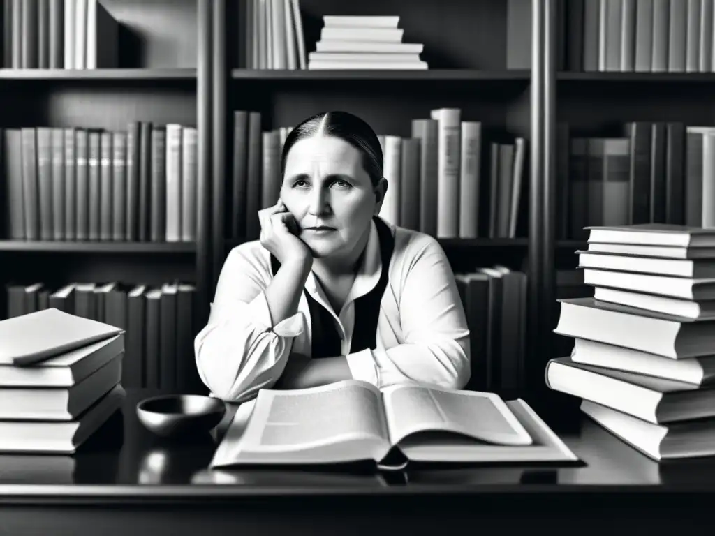 Ilustración en blanco y negro de Gertrude Stein inmersa en experimentación poética, rodeada de libros y papeles