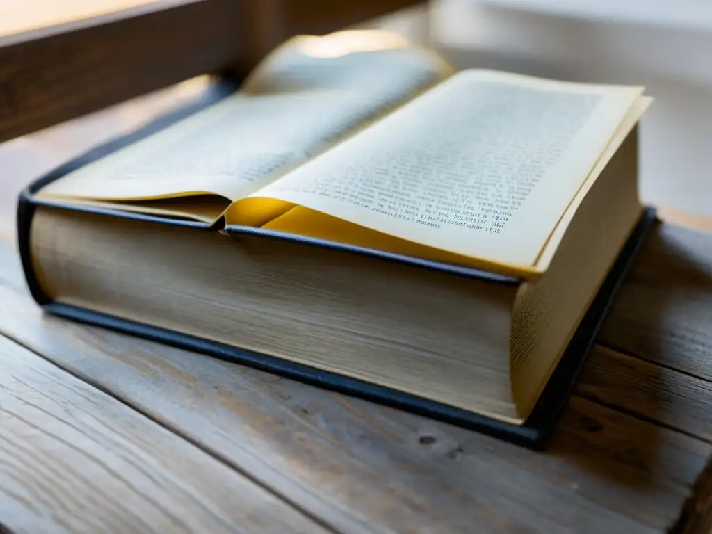 Una fotografía en blanco y negro de un libro antiguo y desgastado abierto sobre una mesa de madera