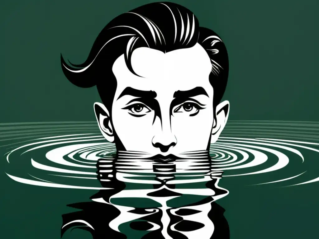 Ilustración en blanco y negro del mito de Narciso, con detalles intrincados en las ondas del agua y la expresión de Narciso