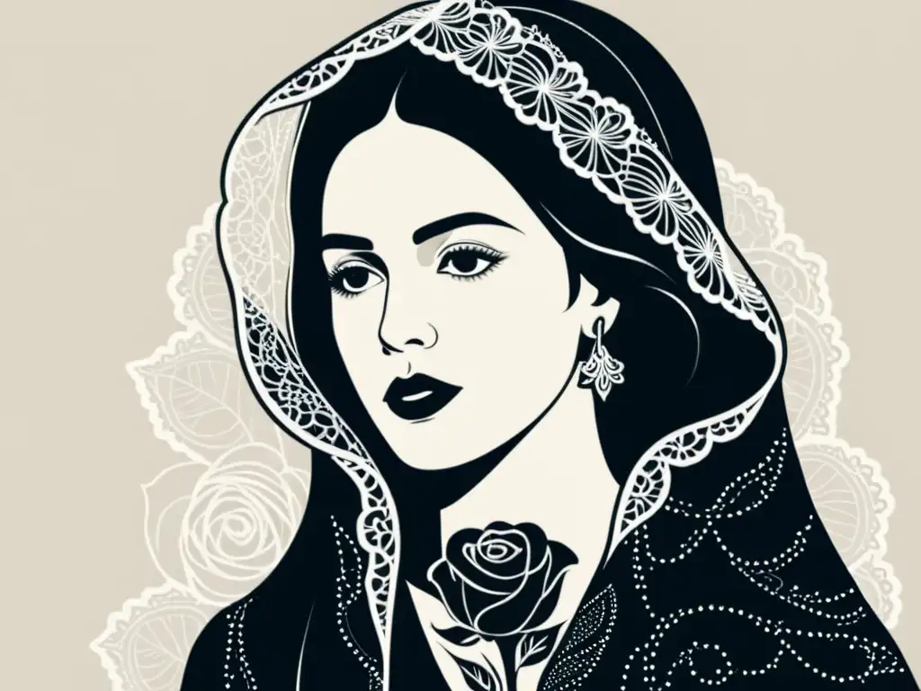 Una ilustración en blanco y negro de una mujer con mantilla española sosteniendo una rosa