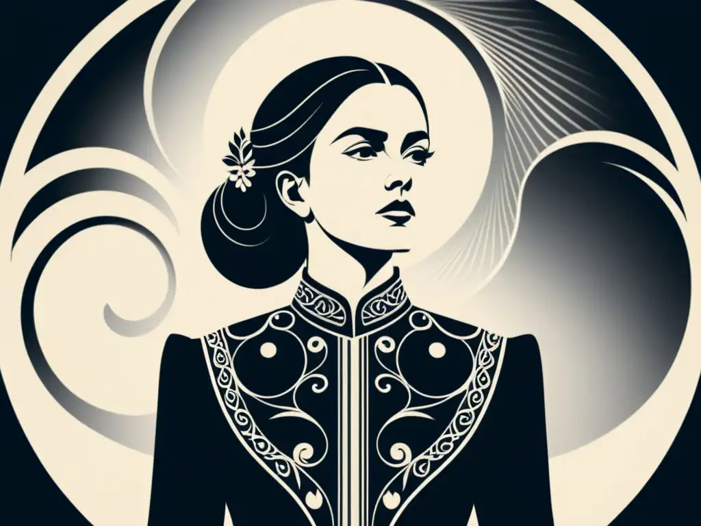 Una ilustración en blanco y negro de una mujer regia y poderosa con ropa renacentista, rodeada de líneas dinámicas y motivos florales, proyecta fuerza y autoridad