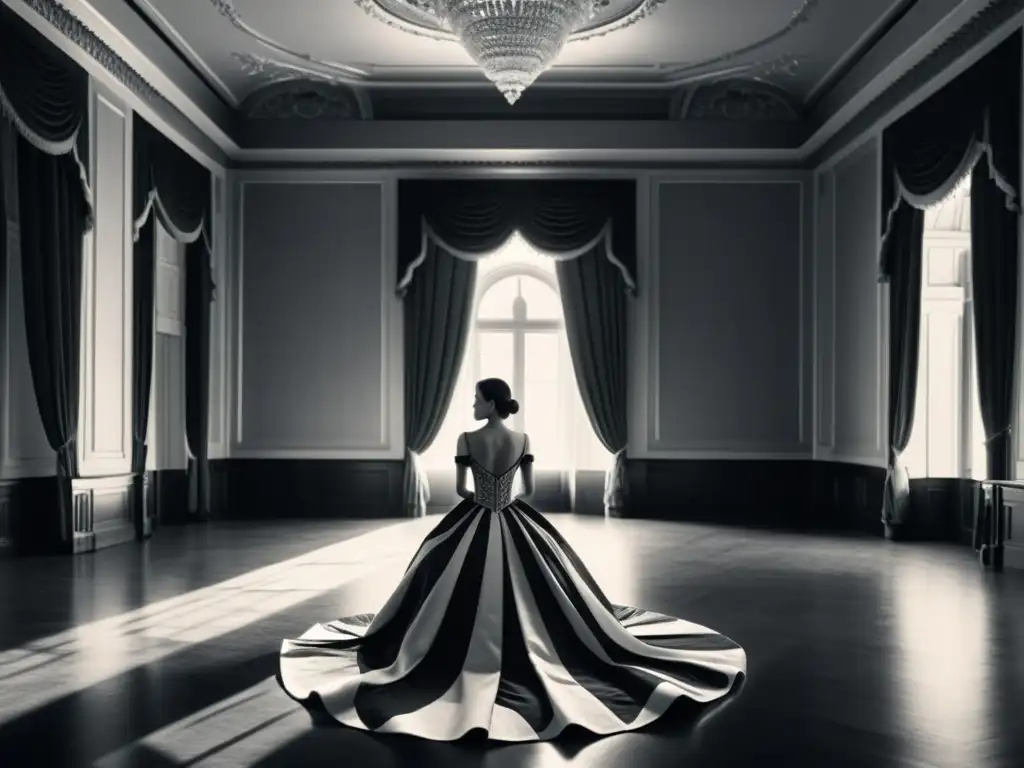 Ilustración en blanco y negro de una mujer solitaria en un elegante salón vacío