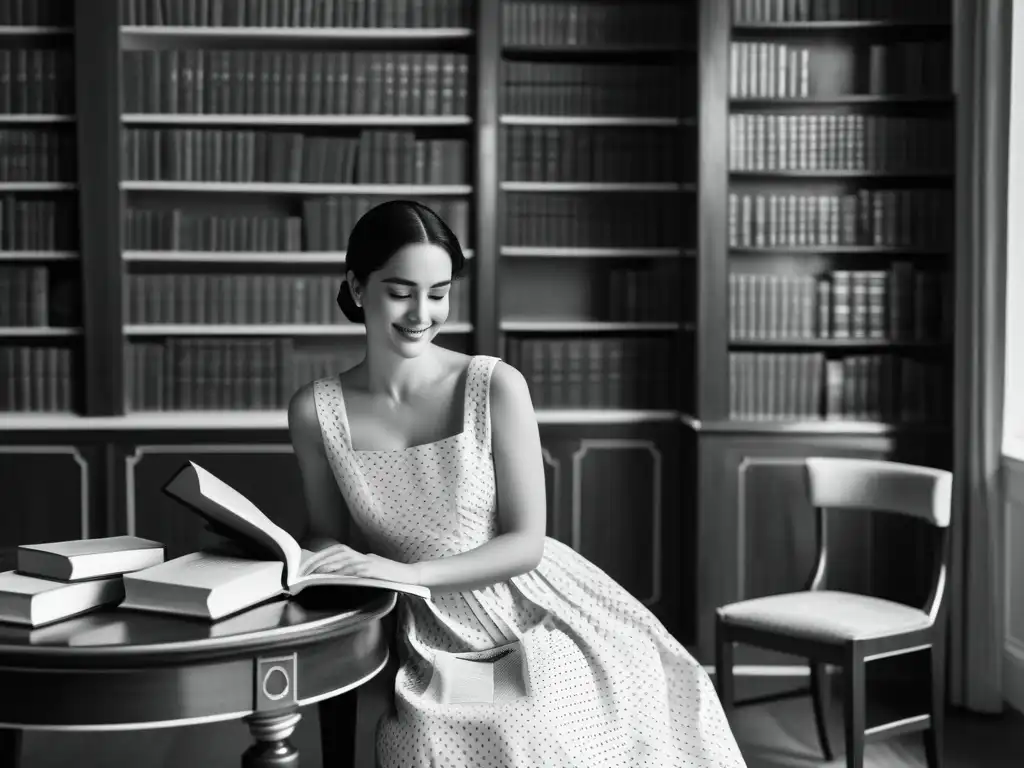 La ilustración en blanco y negro muestra a una mujer en un vestido de la época Regencia, con un libro en la mano y una sonrisa irónica