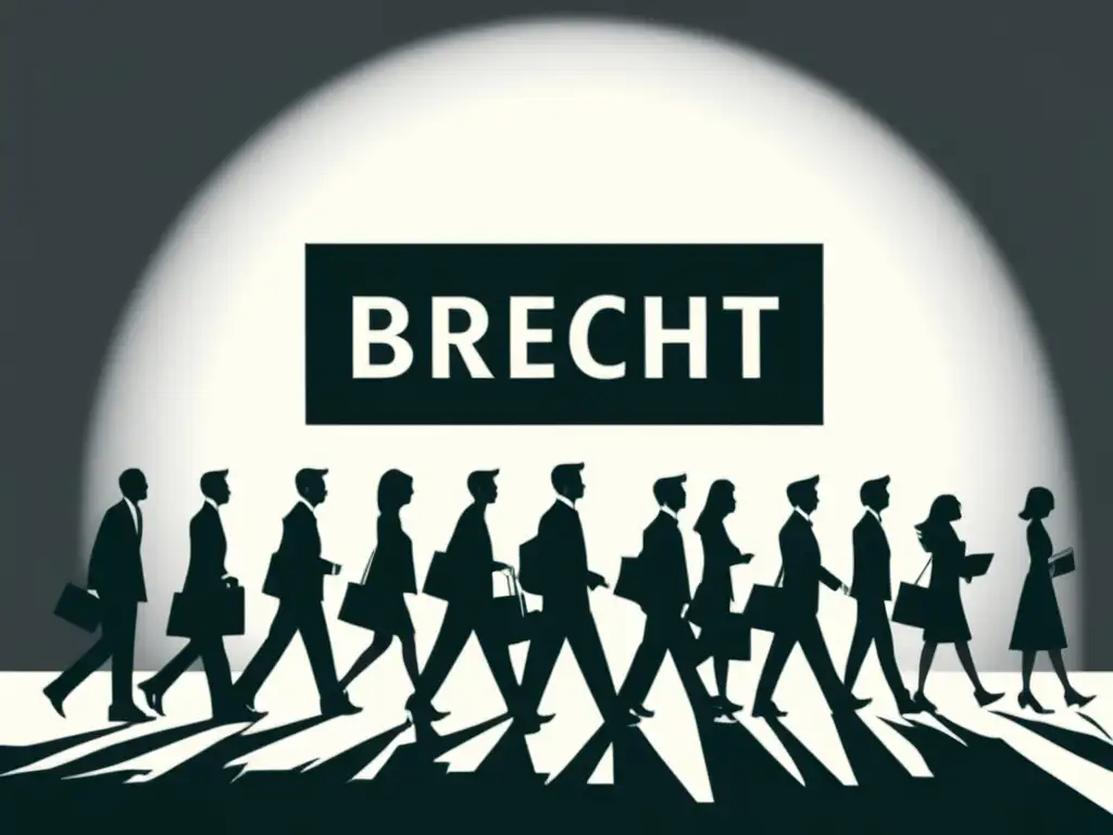 Una ilustración en blanco y negro muestra a una multitud con libros 'Brecht', frente a un edificio imponente