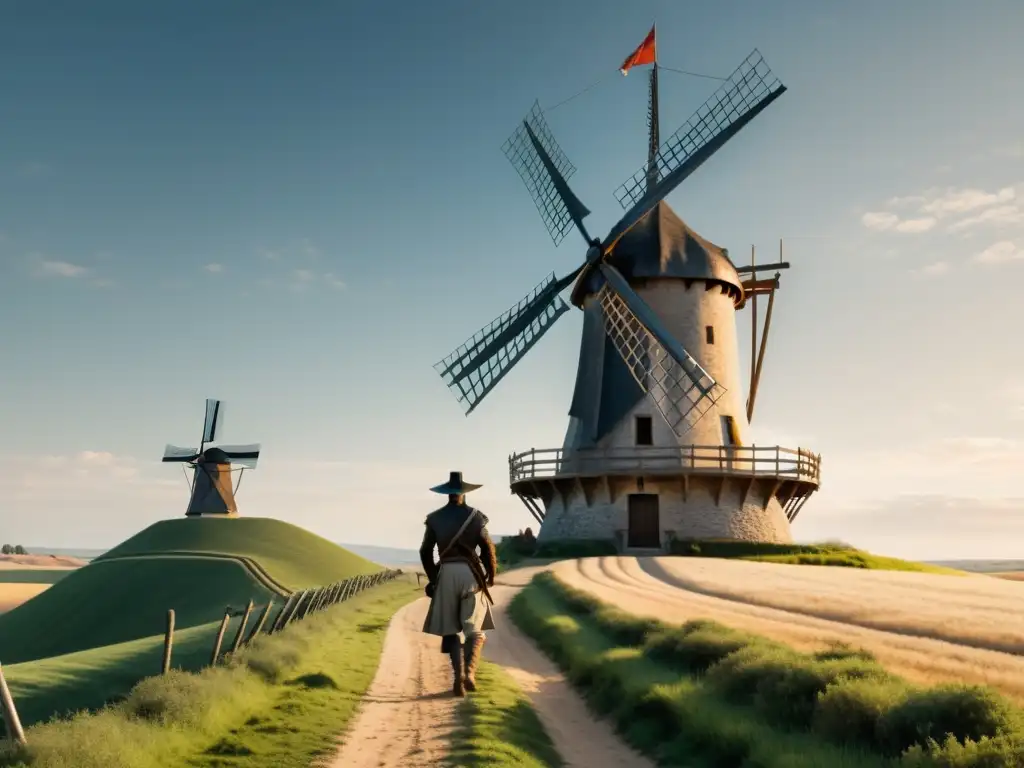 Ilustración 8k de Don Quijote y Sancho Panza frente al molino Ilustración en blanco y negro de Don Quijote y Sancho Panza frente a un molino, reflejando la crítica social en Don Quijote