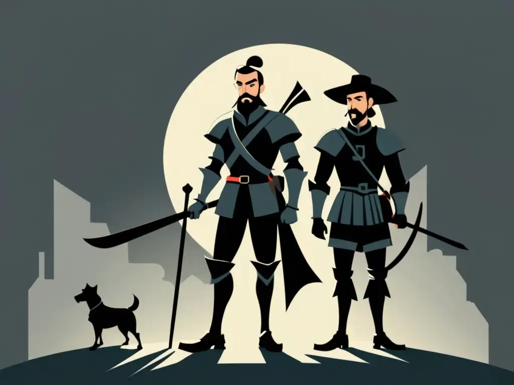 La determinación de Don Quijote y Sancho Panza en ilustración minimalista Ilustración en blanco y negro de Don Quijote y Sancho Panza, con sombras alargadas