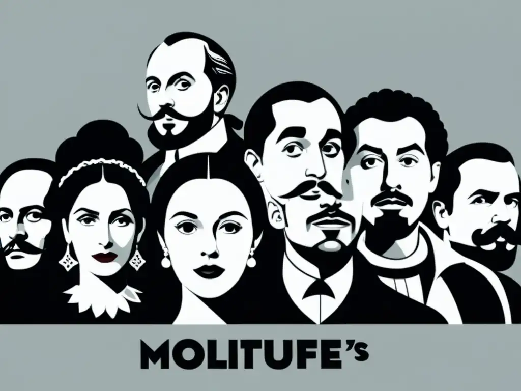 Ilustración en blanco y negro de personajes de obras de teatro cómicas como 'Tartufo' y 'Noche de reyes', en escena caótica y humorística