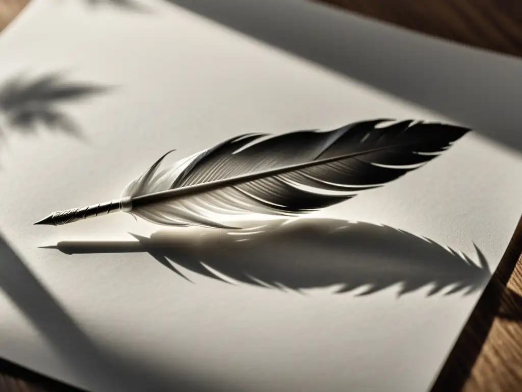 Una fotografía en blanco y negro de una pluma descansando sobre una hoja en blanco, bañada por una suave luz natural