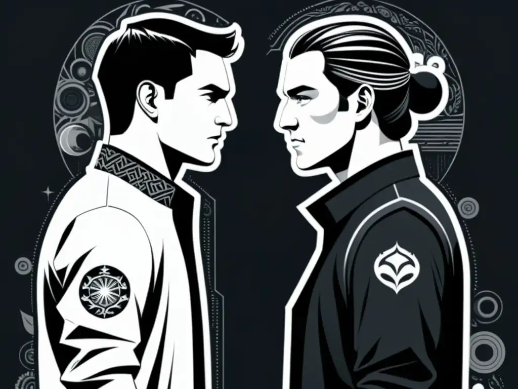 Ilustración en blanco y negro de un protagonista y un antagonista enfrentándose con expresiones detalladas