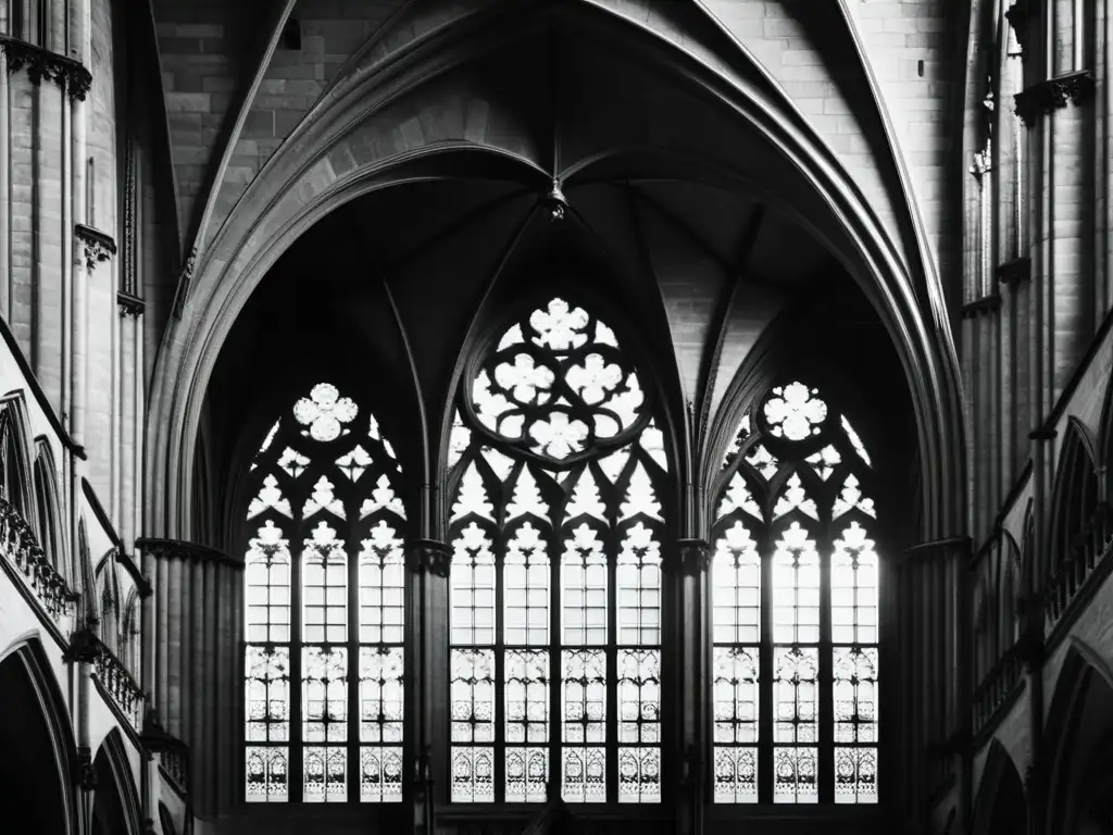 Una fotografía en blanco y negro de alta resolución muestra la arquitectura detallada de una catedral gótica