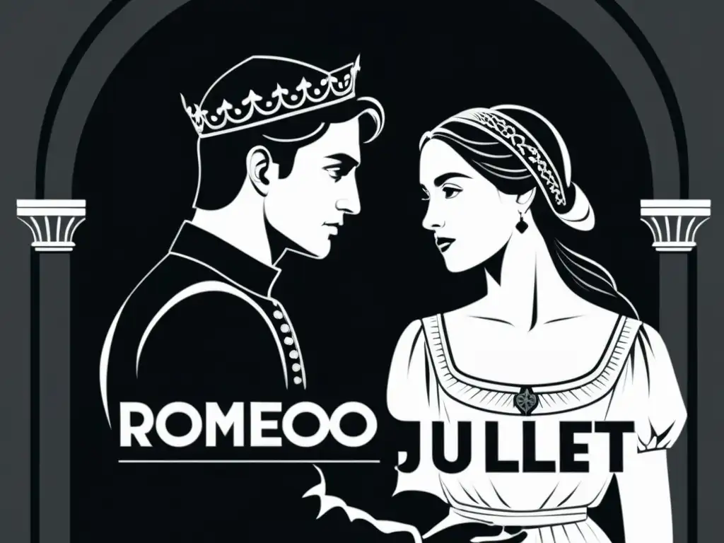 Romeo y Julieta: Elegancia y tragedia en arte monocromático Una ilustración en blanco y negro de alta resolución muestra a Romeo y Julieta frente a frente, con una expresión de ironía trágica