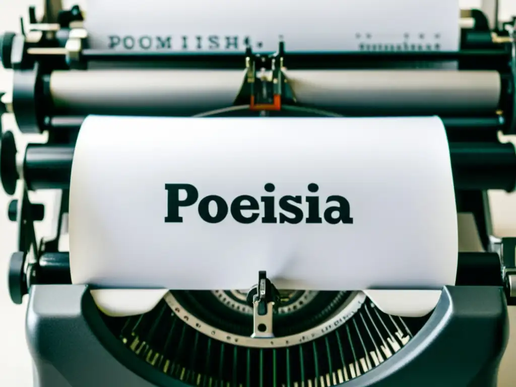 Una fotografía en blanco y negro de alta resolución de una máquina de escribir con la palabra 'poesía' escrita en cursiva en un papel cargado