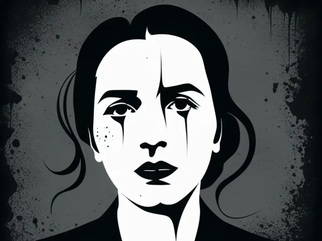 Ilustración en blanco y negro de un retrato deteriorado con grietas y enredaderas retorcidas