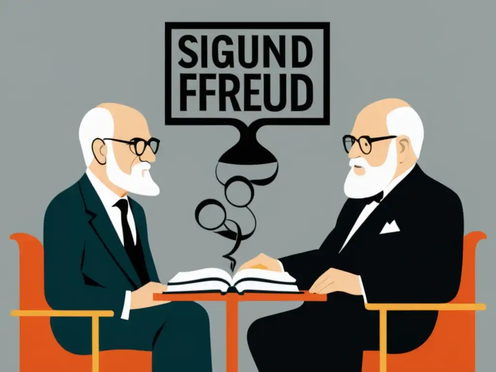 Una ilustración en blanco y negro de Sigmund Freud y Jacques Lacan discutiendo rodeados de libros y símbolos literarios