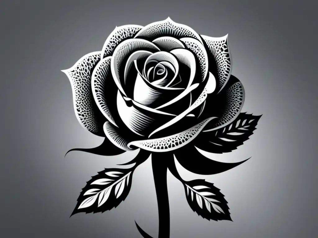 Una ilustración en blanco y negro de una rosa con detalles intrincados en los pétalos y una sombra sutil en un fondo blanco