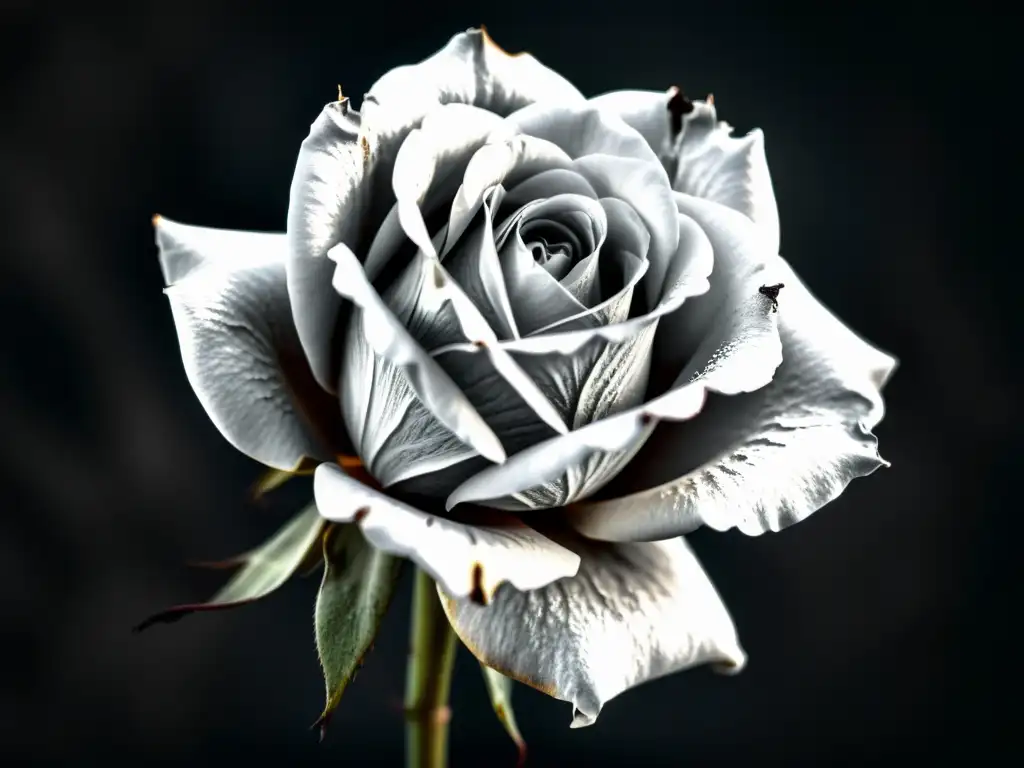 Una fotografía en blanco y negro de una rosa marchita, con detalles delicados y juego de luces dramático, evocando el lirismo en Las Flores del Mal