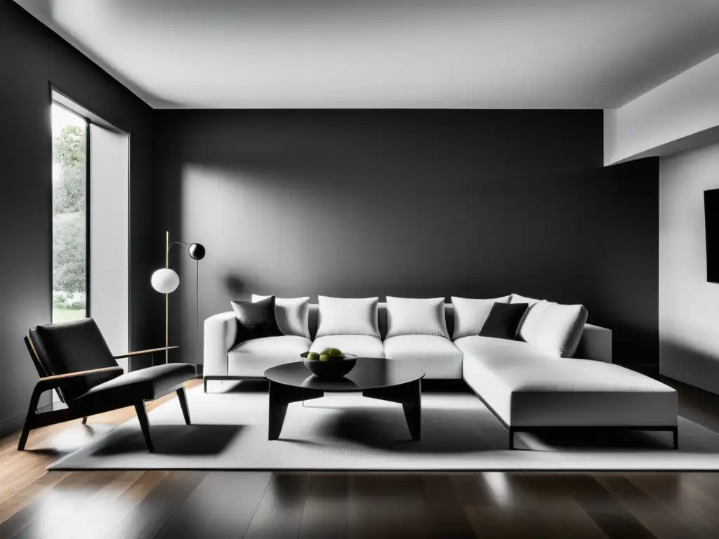 Una fotografía en blanco y negro de una sala de estar moderna y minimalista, con líneas limpias, muebles sencillos y mucha luz natural