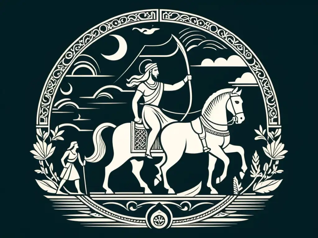Ilustración en blanco y negro de Simbolismos y personajes en La Odisea entrelazados en una composición visualmente cautivadora