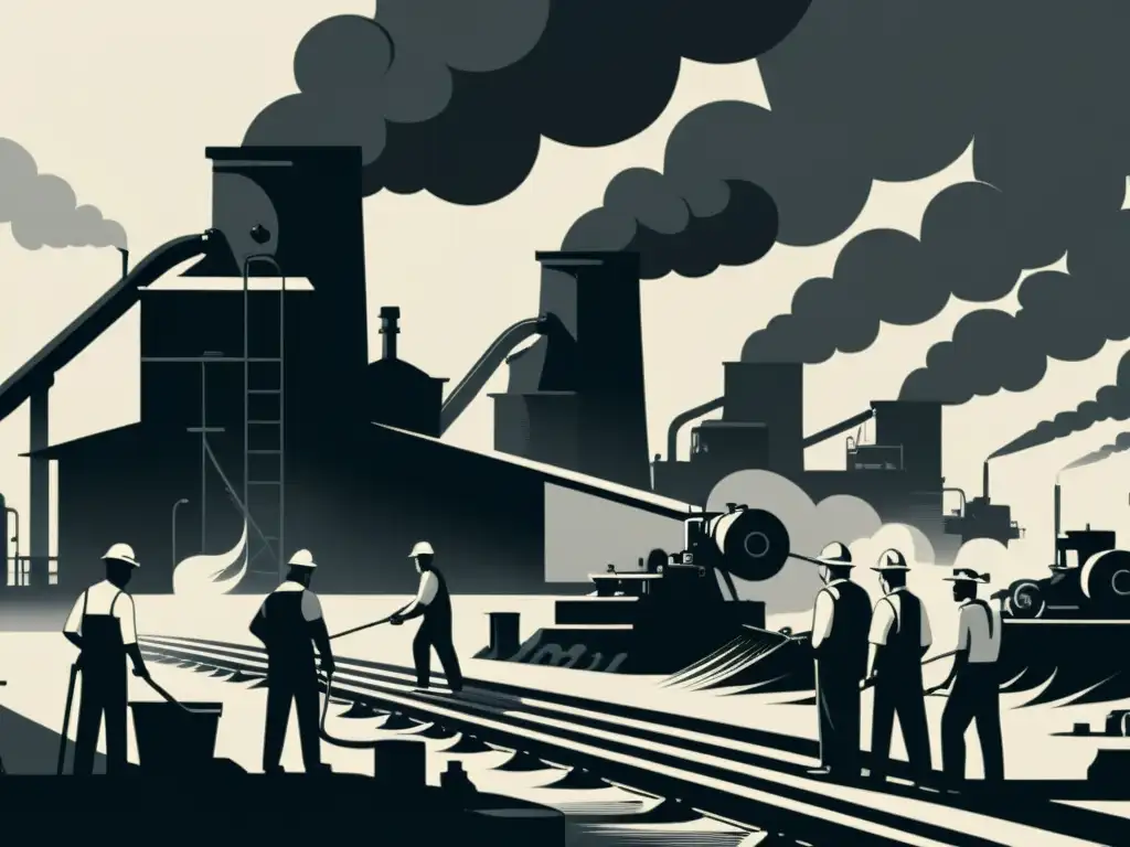 Ilustración en blanco y negro de trabajadores en fábrica durante la Revolución Industrial en la Literatura, con atmósfera opresiva y desoladora