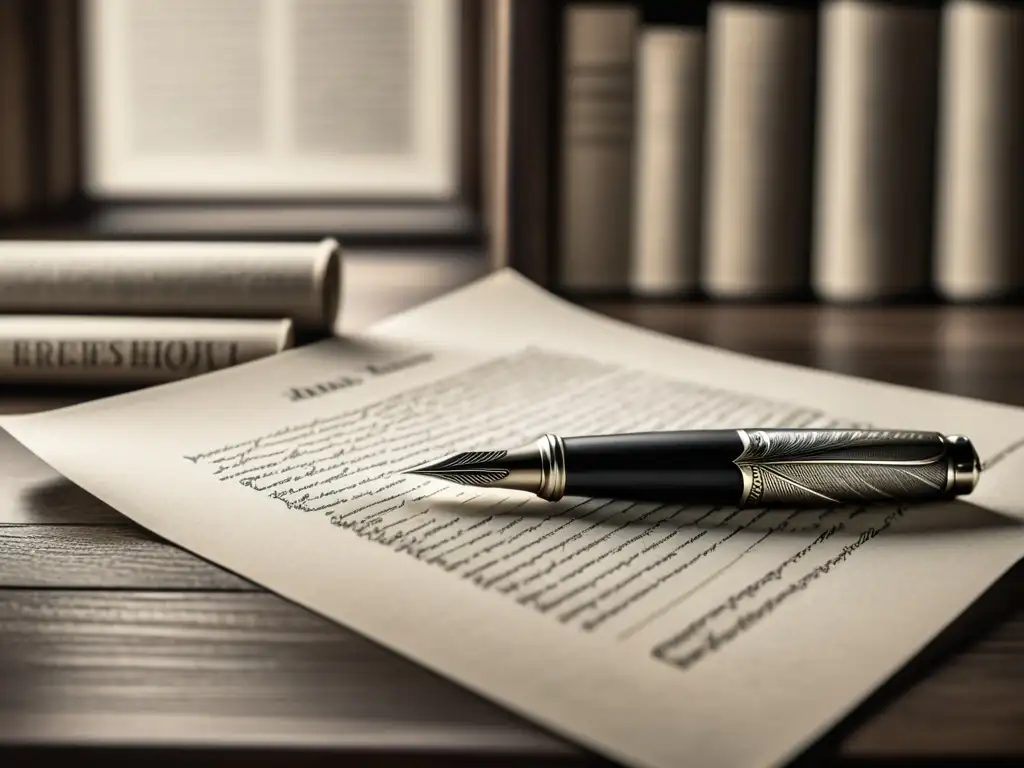 Un boceto minimalista en blanco y negro de una pluma escribiendo un documento histórico, con un fondo de una antigua biblioteca