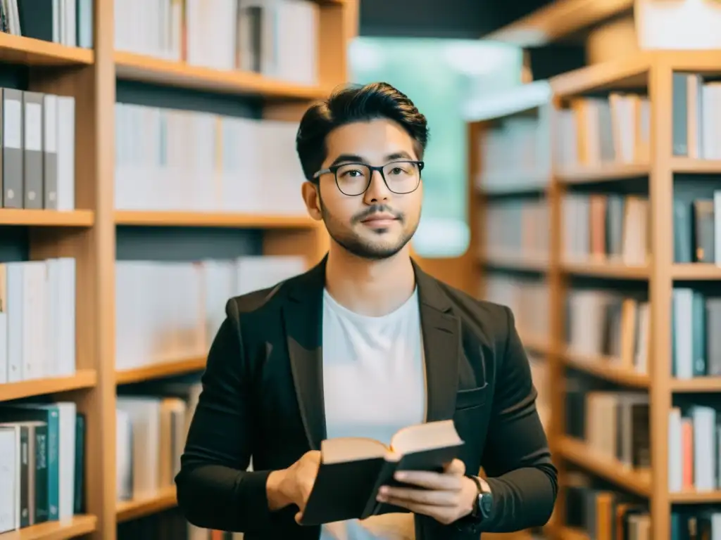 Un booktuber frente a su estantería llena de libros, mirando a la cámara con expresión reflexiva