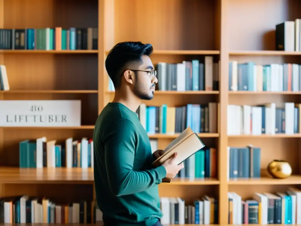 Un booktuber promociona un libro con pasión frente a estantería llena de libros, en una atmósfera luminosa y auténtica