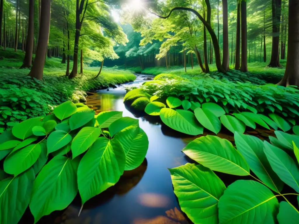 Un bosque exuberante bañado por la luz del sol, con un arroyo serpenteante reflejando la vegetación vibrante