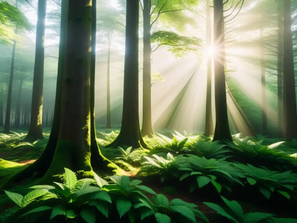 Un bosque exuberante, bañado por el sol, con árboles majestuosos y sombras danzantes