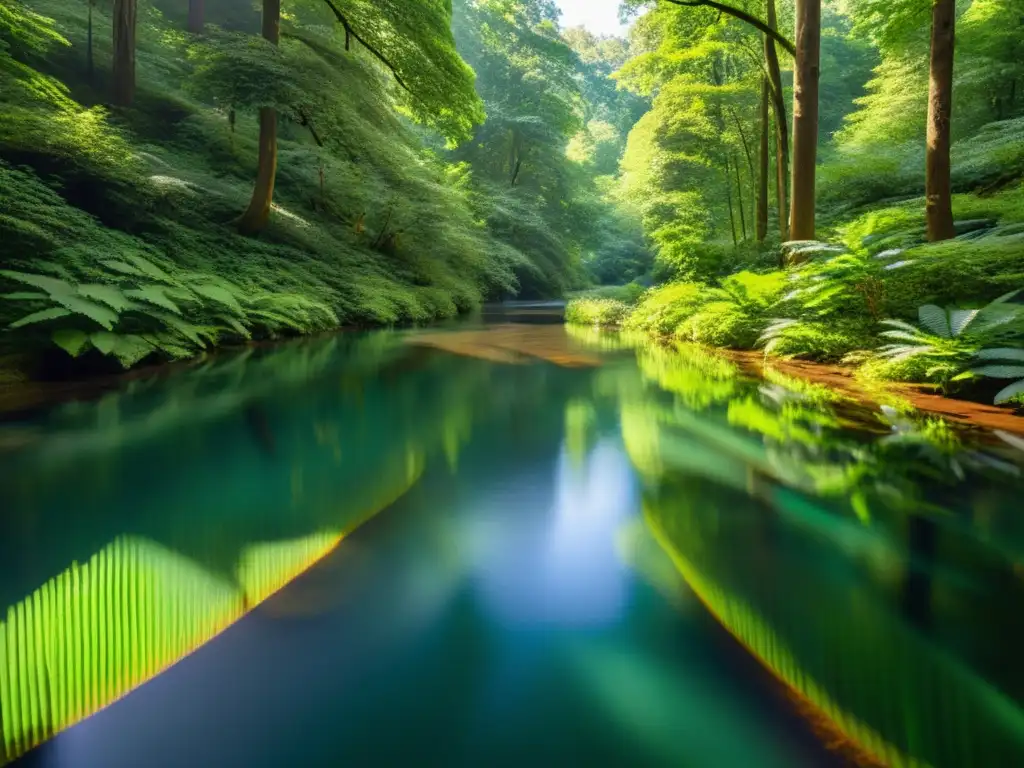 Un bosque exuberante y diverso, con luz filtrándose a través del dosel, reflejando en un arroyo cristalino